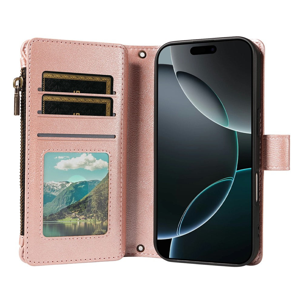 For iPhone 16 Pro Max Leather Case 9 Card Slots Zipper Pocket Phone Cover with Wrist Strap