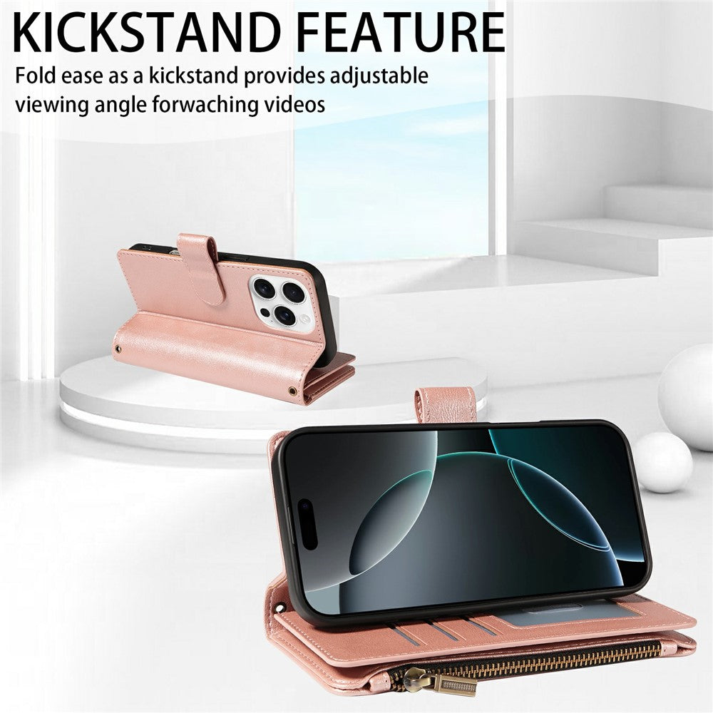 For iPhone 16 Pro Max Leather Case 9 Card Slots Zipper Pocket Phone Cover with Wrist Strap
