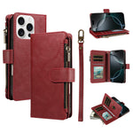 For iPhone 16 Pro Max Leather Case 9 Card Slots Zipper Pocket Phone Cover with Wrist Strap