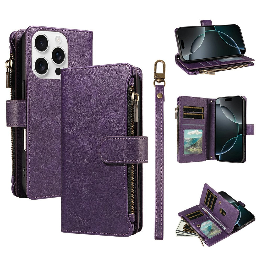 For iPhone 16 Pro Max Leather Case 9 Card Slots Zipper Pocket Phone Cover with Wrist Strap