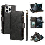 For iPhone 16 Pro Max Leather Case 9 Card Slots Zipper Pocket Phone Cover with Wrist Strap