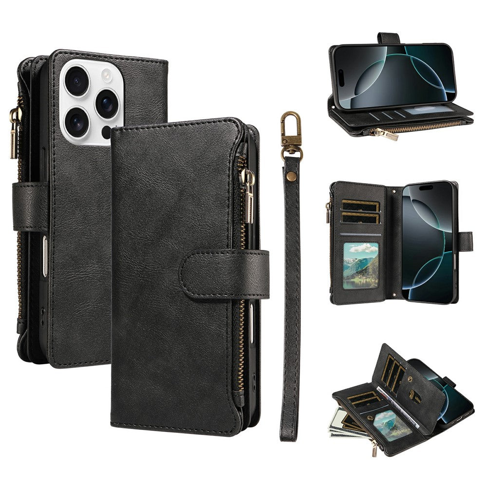 For iPhone 16 Pro Max Leather Case 9 Card Slots Zipper Pocket Phone Cover with Wrist Strap