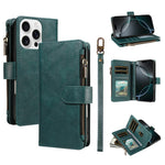 For iPhone 16 Pro Max Leather Case 9 Card Slots Zipper Pocket Phone Cover with Wrist Strap