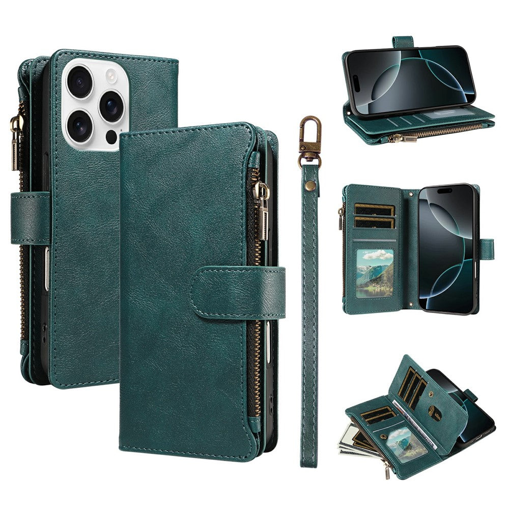 For iPhone 16 Pro Max Leather Case 9 Card Slots Zipper Pocket Phone Cover with Wrist Strap