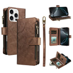 For iPhone 16 Pro Max Leather Case 9 Card Slots Zipper Pocket Phone Cover with Wrist Strap