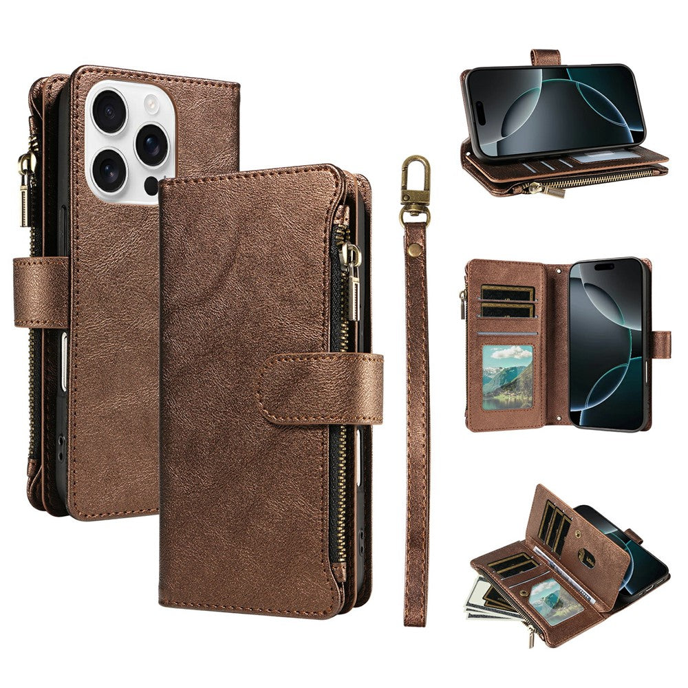 For iPhone 16 Pro Max Leather Case 9 Card Slots Zipper Pocket Phone Cover with Wrist Strap