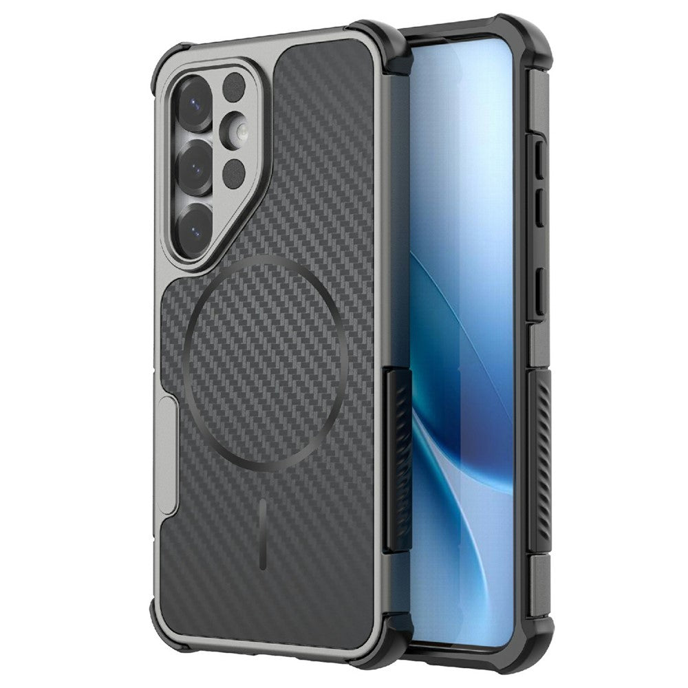 Til Samsung Galaxy S25 Magnetisk Cover Kulfibertekstur PC + TPU Hjørnebeskyttelse Telefoncover