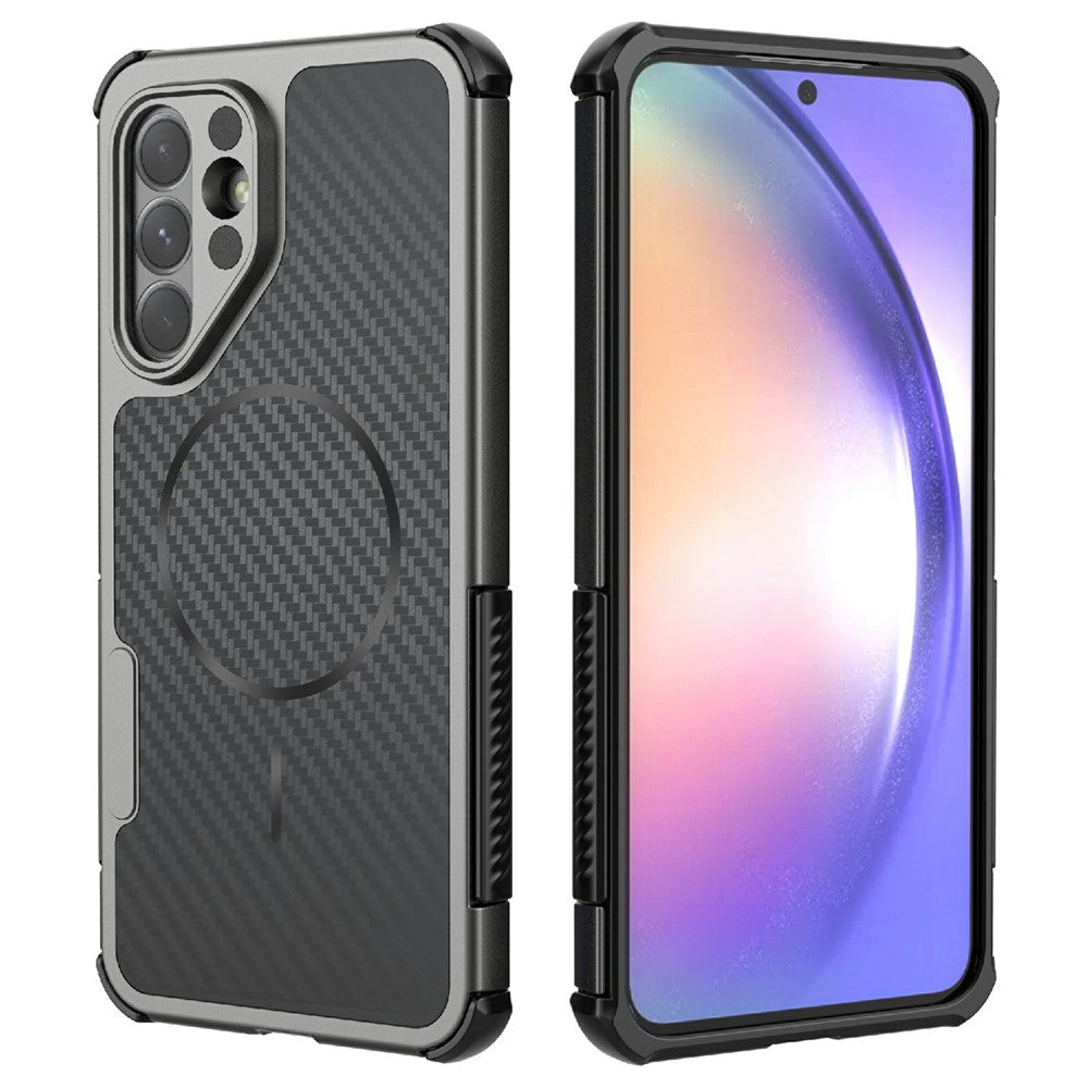 Samsung Galaxy A56 5G / A36 5G / A37 5G magnetisk cover med kulfiberstruktur, PC + TPU-mobilcover med hjørnebeskyttelse