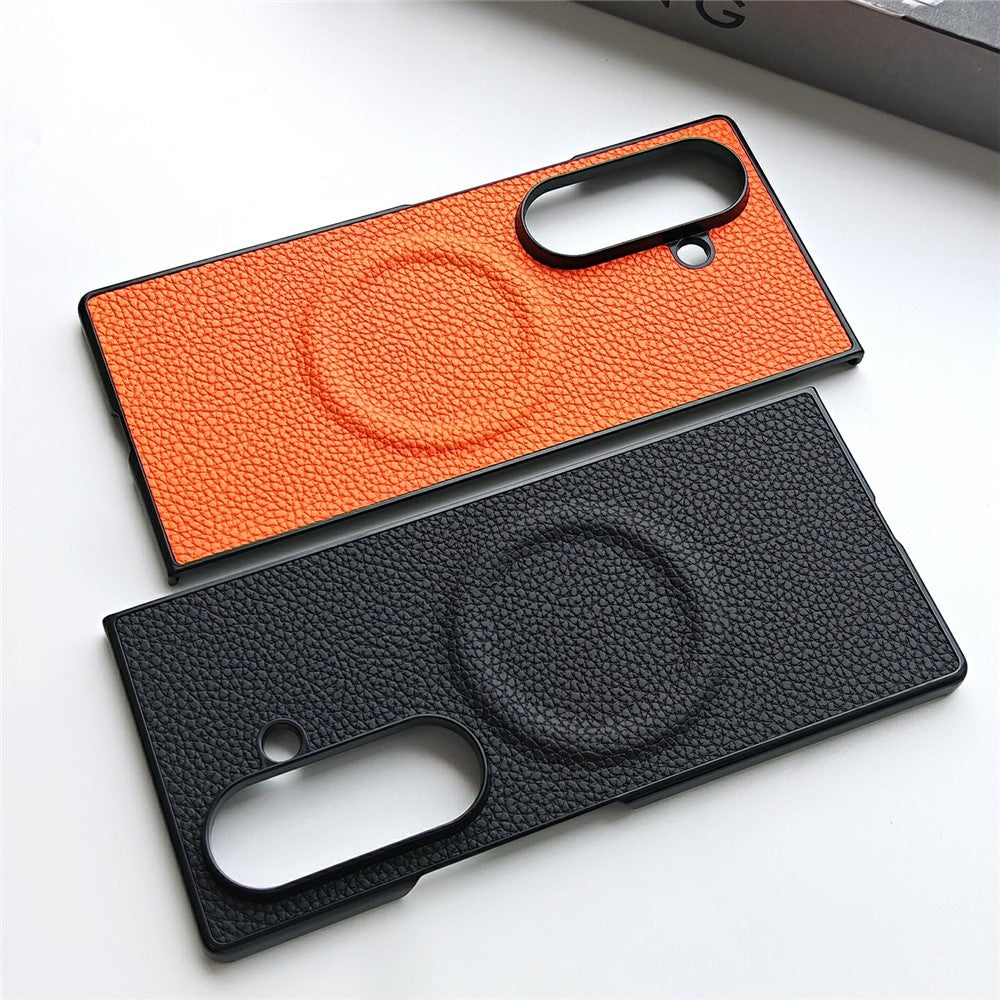 For Samsung Galaxy Z Fold7 5G Magnetic Case Litchi Texture PU Leather Coated PC Dual-Layer Protective Cover