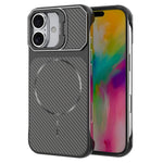 For iPhone 16 Magnetic Case with Lens Frame Kickstand Carbon Fiber Texture Hard PC Half-Wrapped Phone Cover