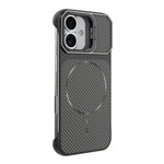 For iPhone 16 Magnetic Case with Lens Frame Kickstand Carbon Fiber Texture Hard PC Half-Wrapped Phone Cover