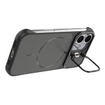 For iPhone 16 Magnetic Case with Lens Frame Kickstand Carbon Fiber Texture Hard PC Half-Wrapped Phone Cover