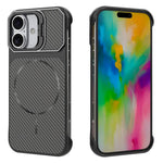 For iPhone 16 Magnetic Case with Lens Frame Kickstand Carbon Fiber Texture Hard PC Half-Wrapped Phone Cover