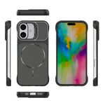 For iPhone 16 Magnetic Case with Lens Frame Kickstand Carbon Fiber Texture Hard PC Half-Wrapped Phone Cover