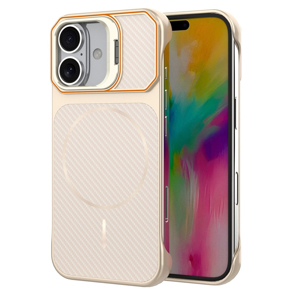For iPhone 16 Magnetic Case with Lens Frame Kickstand Carbon Fiber Texture Hard PC Half-Wrapped Phone Cover