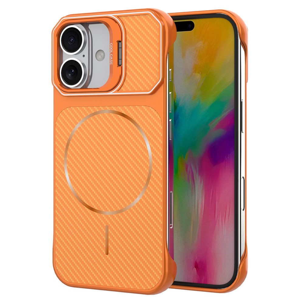 For iPhone 16 Magnetic Case with Lens Frame Kickstand Carbon Fiber Texture Hard PC Half-Wrapped Phone Cover