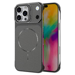 For iPhone 16 Pro Max Magnetic Case with Lens Frame Kickstand Carbon Fiber Texture Hard PC Half-Wrapped Phone Cover