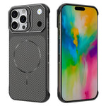 For iPhone 16 Pro Max Magnetic Case with Lens Frame Kickstand Carbon Fiber Texture Hard PC Half-Wrapped Phone Cover
