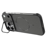 For iPhone 16 Pro Max Magnetic Case with Lens Frame Kickstand Carbon Fiber Texture Hard PC Half-Wrapped Phone Cover