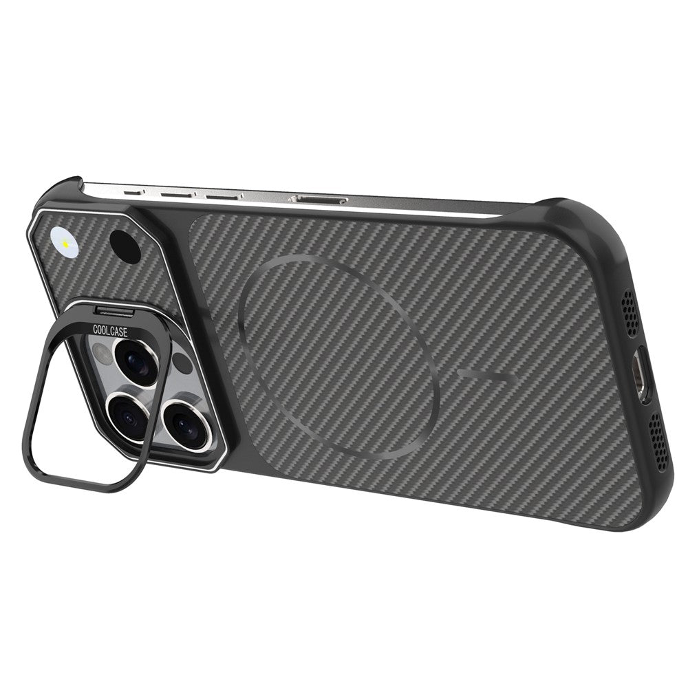 For iPhone 16 Pro Max Magnetic Case with Lens Frame Kickstand Carbon Fiber Texture Hard PC Half-Wrapped Phone Cover