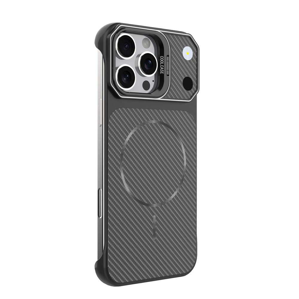 For iPhone 16 Pro Max Magnetic Case with Lens Frame Kickstand Carbon Fiber Texture Hard PC Half-Wrapped Phone Cover