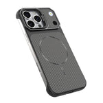 For iPhone 16 Pro Max Magnetic Case with Lens Frame Kickstand Carbon Fiber Texture Hard PC Half-Wrapped Phone Cover
