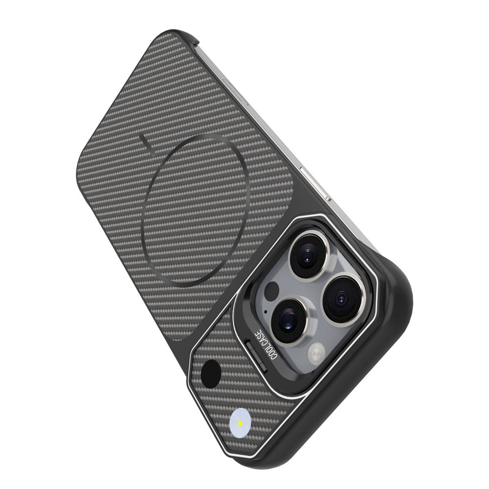For iPhone 16 Pro Max Magnetic Case with Lens Frame Kickstand Carbon Fiber Texture Hard PC Half-Wrapped Phone Cover