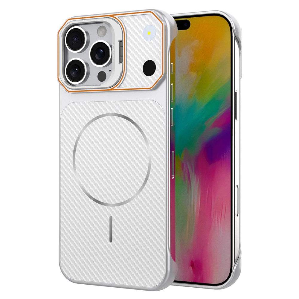 For iPhone 16 Pro Max Magnetic Case with Lens Frame Kickstand Carbon Fiber Texture Hard PC Half-Wrapped Phone Cover