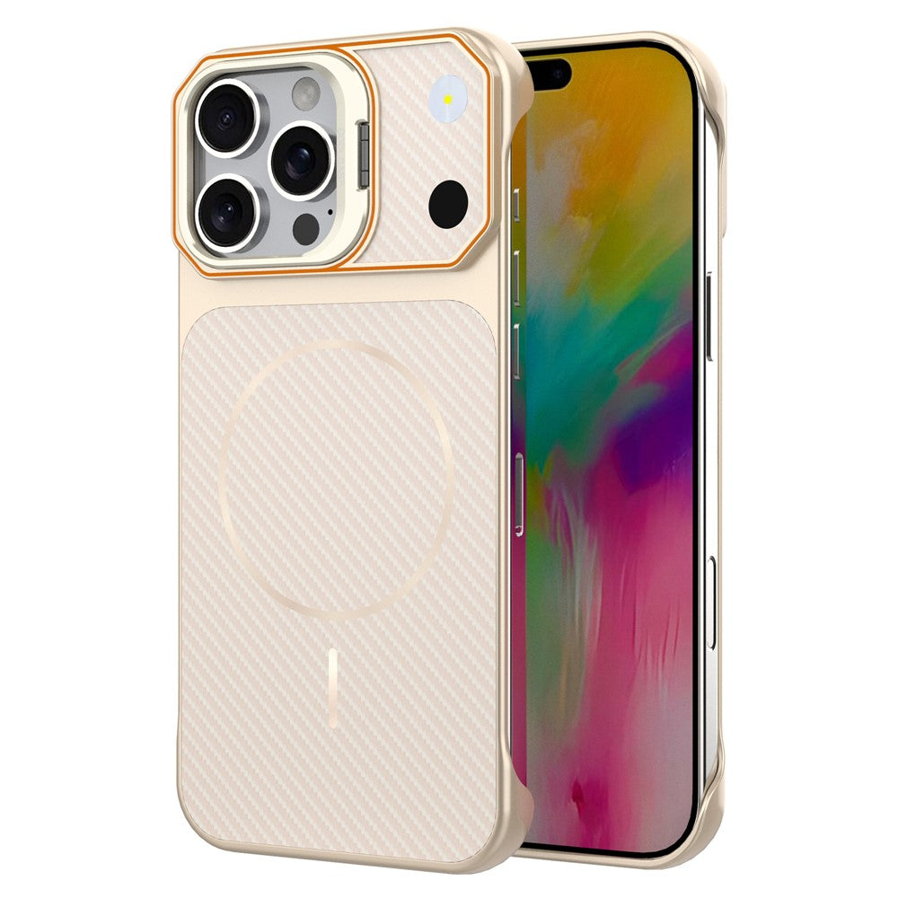 For iPhone 16 Pro Max Magnetic Case with Lens Frame Kickstand Carbon Fiber Texture Hard PC Half-Wrapped Phone Cover