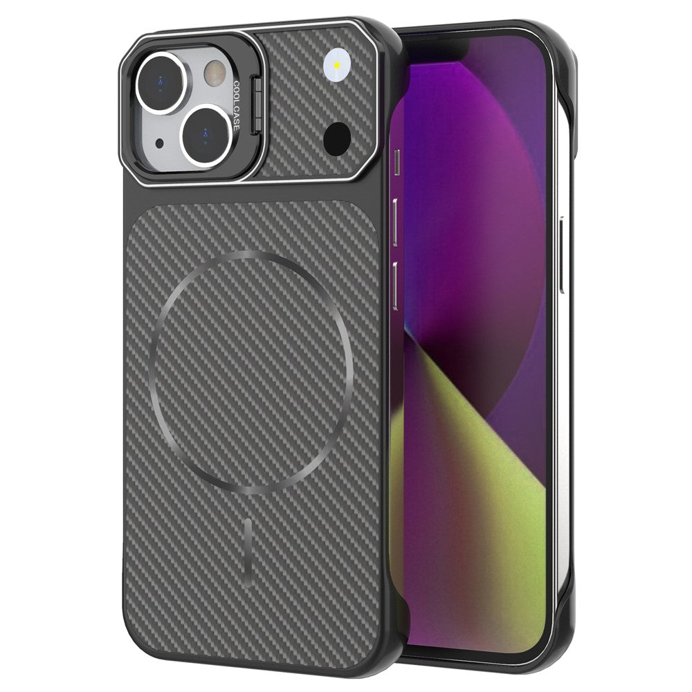 For iPhone 15 Magnetic Case with Lens Frame Kickstand Carbon Fiber Texture Hard PC Half-Wrapped Phone Cover