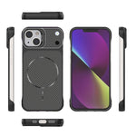 For iPhone 15 Magnetic Case with Lens Frame Kickstand Carbon Fiber Texture Hard PC Half-Wrapped Phone Cover