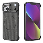 For iPhone 15 Magnetic Case with Lens Frame Kickstand Carbon Fiber Texture Hard PC Half-Wrapped Phone Cover
