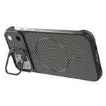 For iPhone 15 Magnetic Case with Lens Frame Kickstand Carbon Fiber Texture Hard PC Half-Wrapped Phone Cover