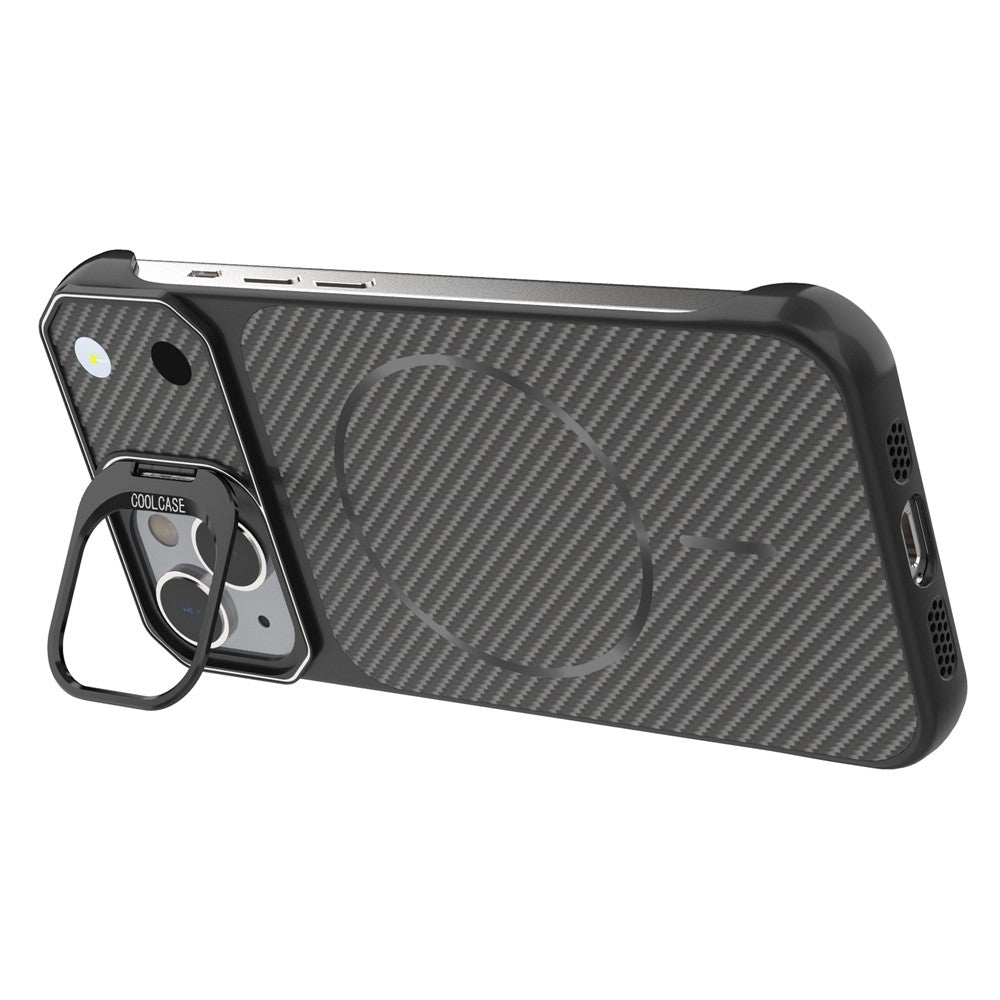 For iPhone 15 Magnetic Case with Lens Frame Kickstand Carbon Fiber Texture Hard PC Half-Wrapped Phone Cover