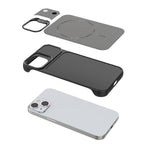 For iPhone 15 Magnetic Case with Lens Frame Kickstand Carbon Fiber Texture Hard PC Half-Wrapped Phone Cover