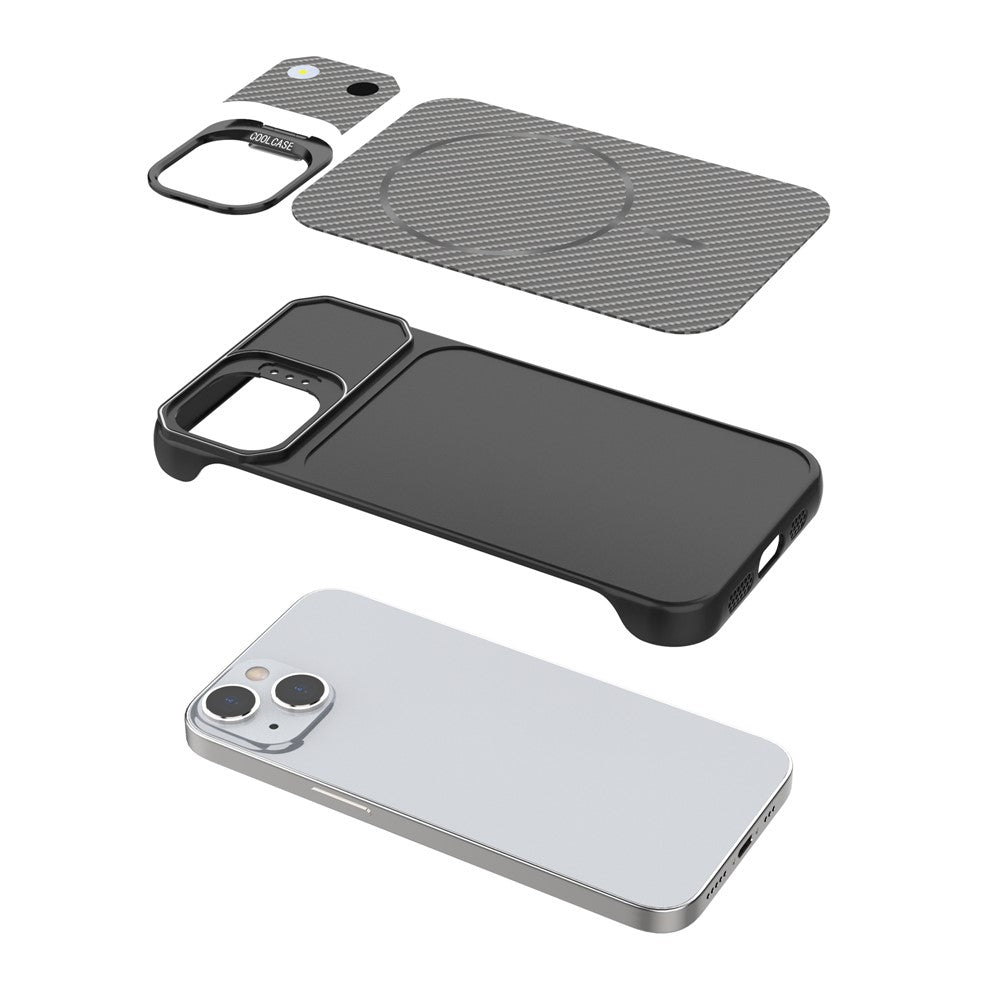 For iPhone 15 Magnetic Case with Lens Frame Kickstand Carbon Fiber Texture Hard PC Half-Wrapped Phone Cover