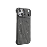 For iPhone 15 Magnetic Case with Lens Frame Kickstand Carbon Fiber Texture Hard PC Half-Wrapped Phone Cover