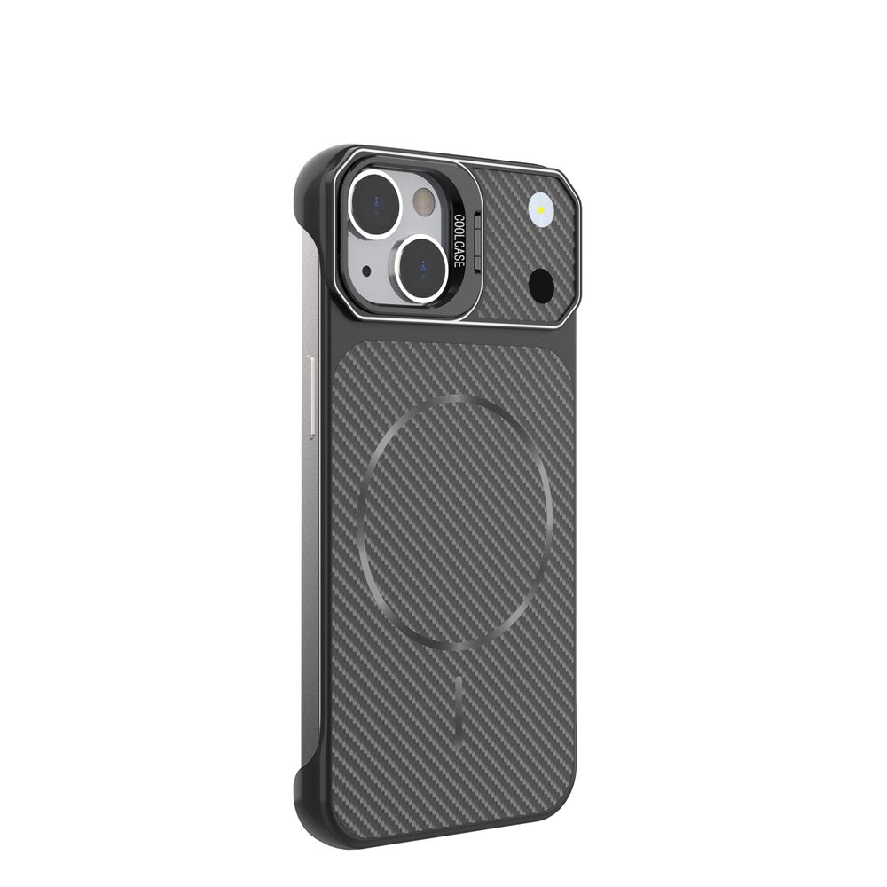 For iPhone 15 Magnetic Case with Lens Frame Kickstand Carbon Fiber Texture Hard PC Half-Wrapped Phone Cover