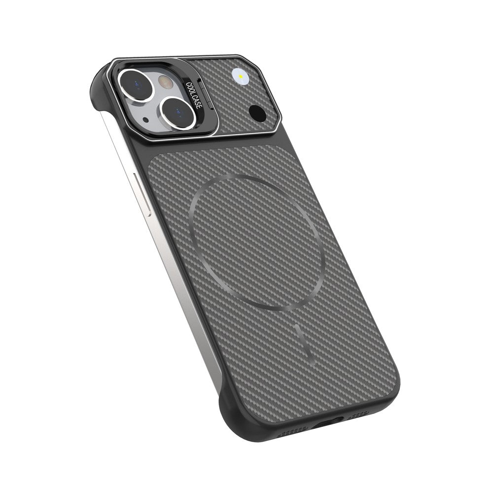 For iPhone 15 Magnetic Case with Lens Frame Kickstand Carbon Fiber Texture Hard PC Half-Wrapped Phone Cover
