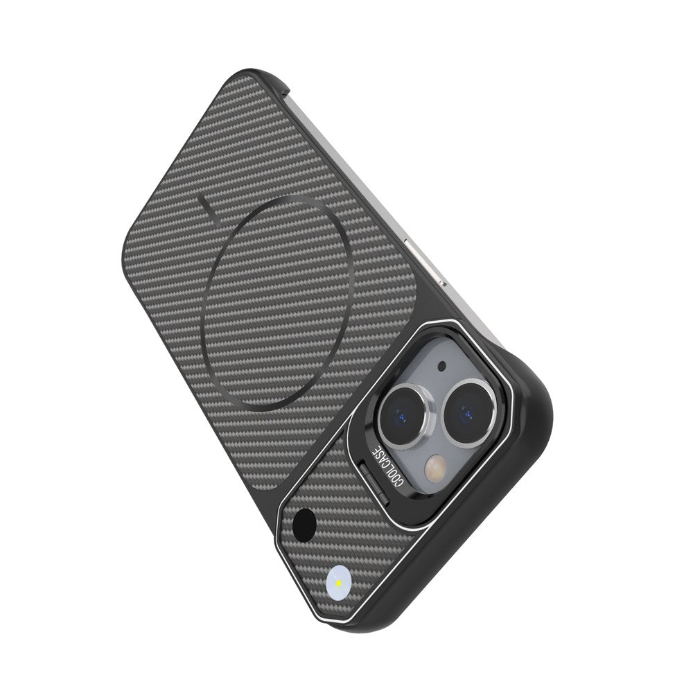 For iPhone 15 Magnetic Case with Lens Frame Kickstand Carbon Fiber Texture Hard PC Half-Wrapped Phone Cover