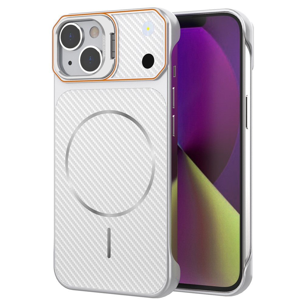 For iPhone 15 Magnetic Case with Lens Frame Kickstand Carbon Fiber Texture Hard PC Half-Wrapped Phone Cover