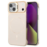 For iPhone 15 Magnetic Case with Lens Frame Kickstand Carbon Fiber Texture Hard PC Half-Wrapped Phone Cover
