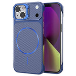 For iPhone 15 Magnetic Case with Lens Frame Kickstand Carbon Fiber Texture Hard PC Half-Wrapped Phone Cover