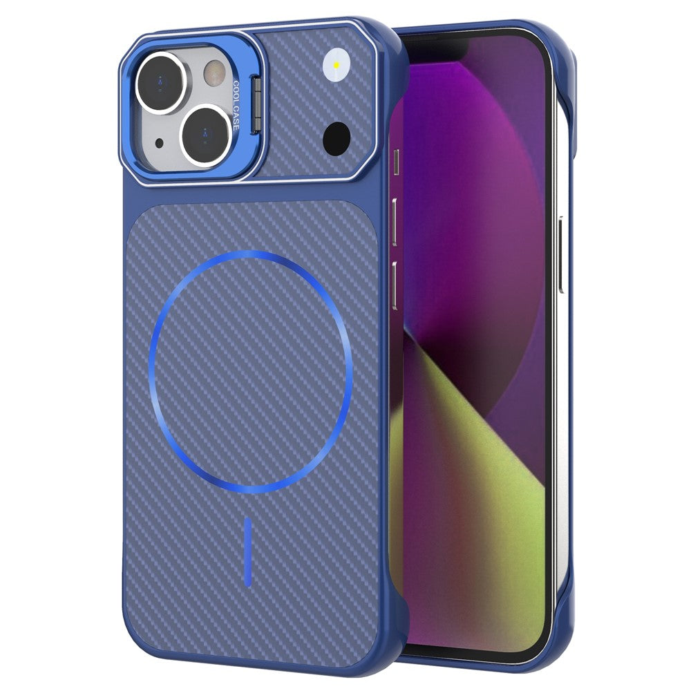 For iPhone 15 Magnetic Case with Lens Frame Kickstand Carbon Fiber Texture Hard PC Half-Wrapped Phone Cover