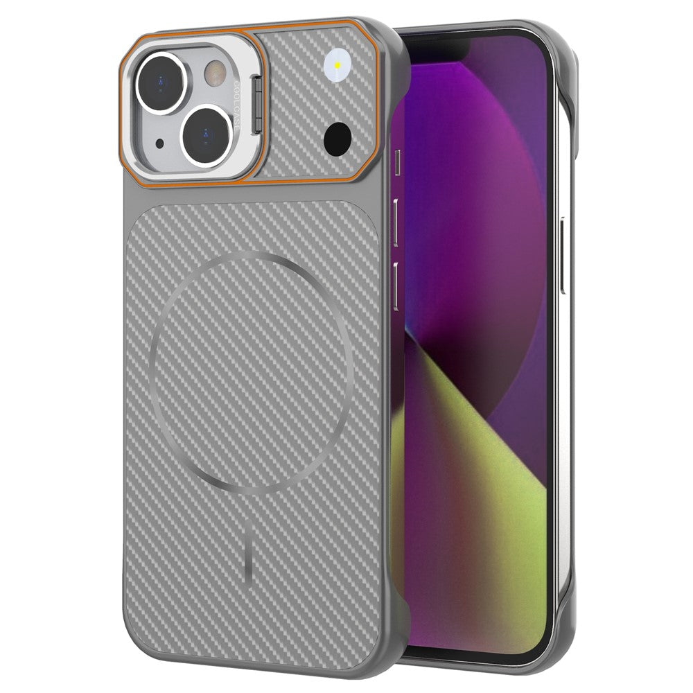For iPhone 15 Magnetic Case with Lens Frame Kickstand Carbon Fiber Texture Hard PC Half-Wrapped Phone Cover