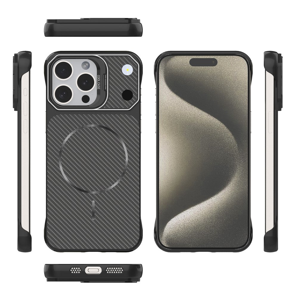 Til iPhone 15 Pro Magnetisk Cover med Linseramme Støtteben Kulfiber Tekstur Hård PC Halv-Indpakket Telefon Cover
