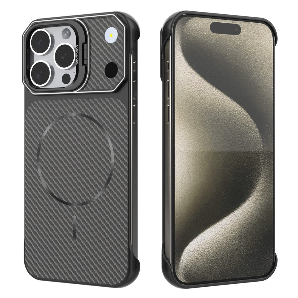 Til iPhone 15 Pro Magnetisk Cover med Linseramme Støtteben Kulfiber Tekstur Hård PC Halv-Indpakket Telefon Cover
