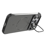 Til iPhone 15 Pro Magnetisk Cover med Linseramme Støtteben Kulfiber Tekstur Hård PC Halv-Indpakket Telefon Cover