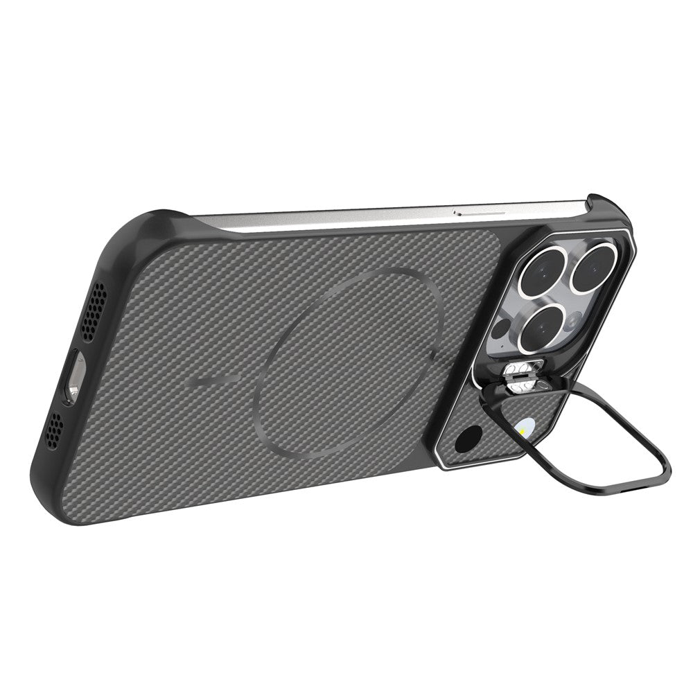 Til iPhone 15 Pro Magnetisk Cover med Linseramme Støtteben Kulfiber Tekstur Hård PC Halv-Indpakket Telefon Cover