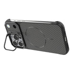 Til iPhone 15 Pro Magnetisk Cover med Linseramme Støtteben Kulfiber Tekstur Hård PC Halv-Indpakket Telefon Cover